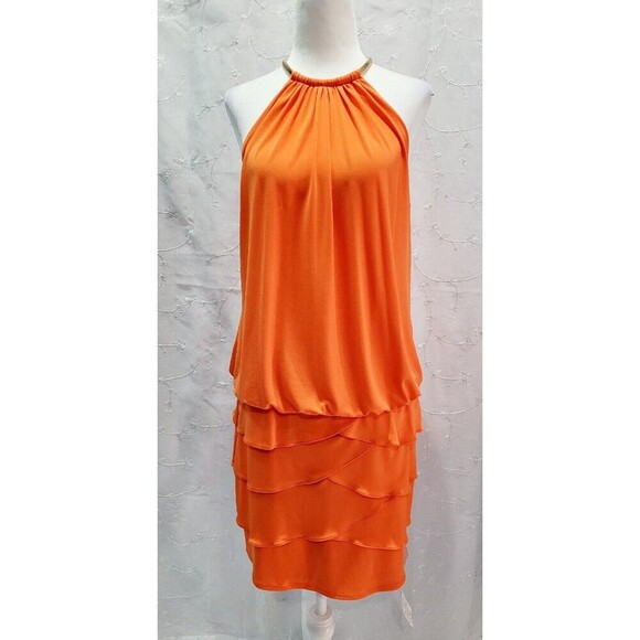 CACHE Orange Drop Waist Halter Layered Dress Sleeveless Stretch Women's 6 NWT - Picture 1 of 11